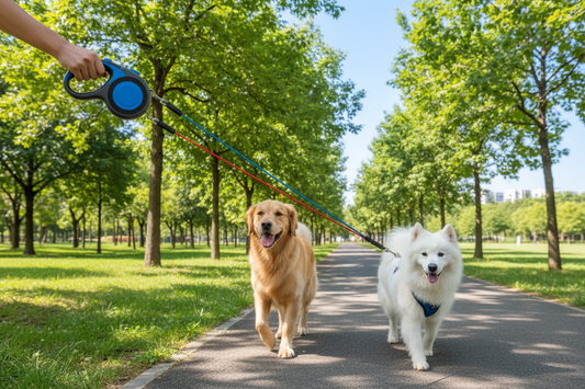 dual retractable dog leash, show using with dogs