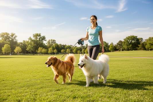 Retractable Dual Dog Leash, show with dogs and happy pet owner